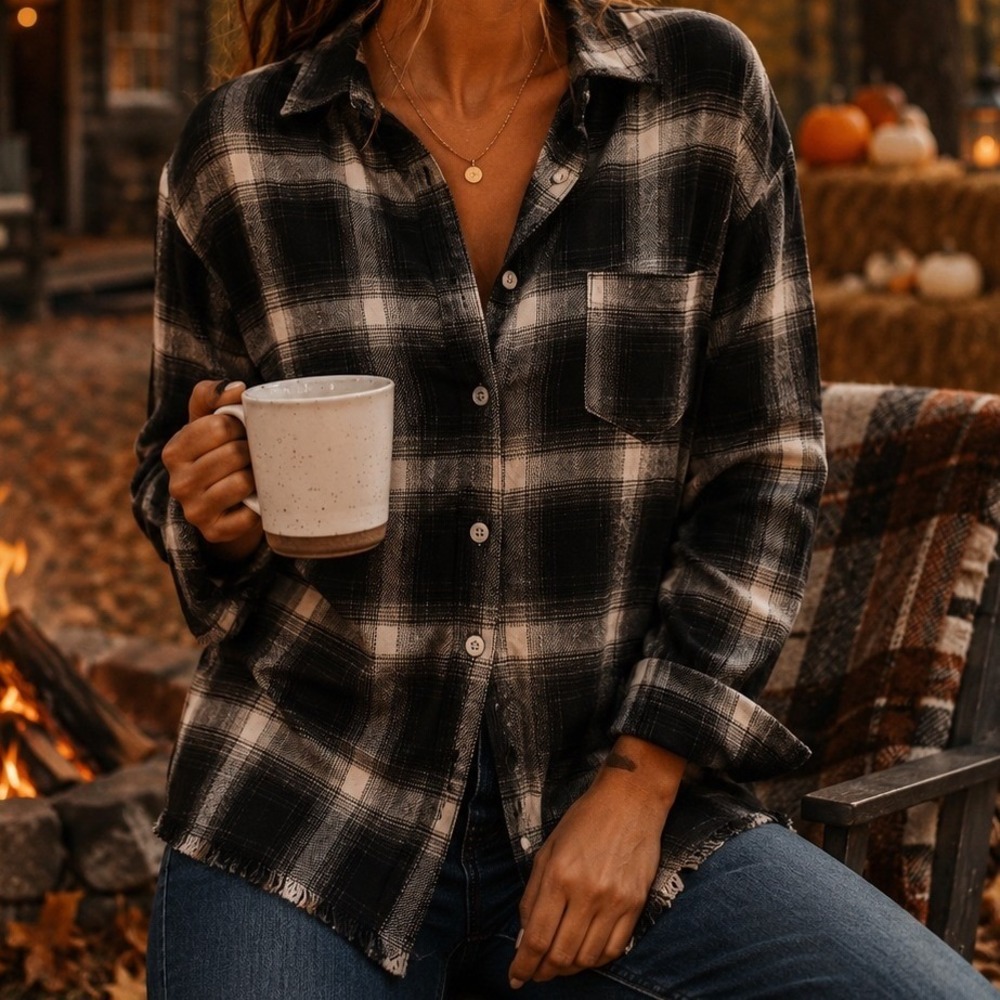 Thread & Supply Black Ivory Plaid Frayed Hem Flannel Relaxed Fit Shirt Large